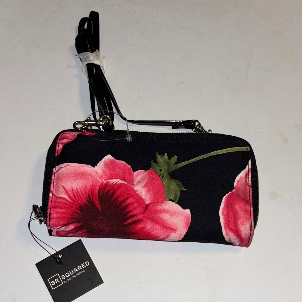 SR SQUARED BRAND NYLON WALLET ROSE DESIGN DOUBLE ZIP CLOSURE REMOVABLE STRAP
